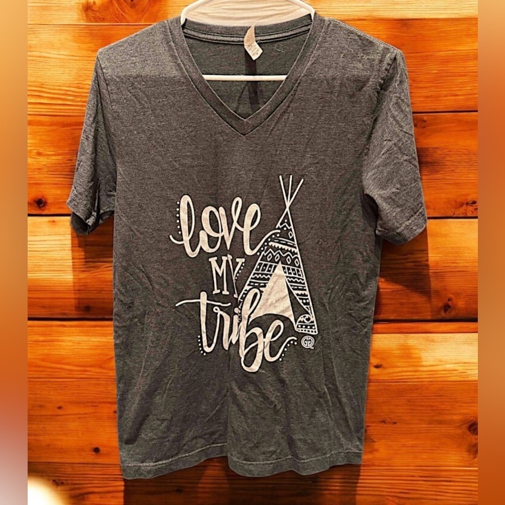 Handcrafted Gray V-Neck Tee with Love My Tribe Print MEDIUM